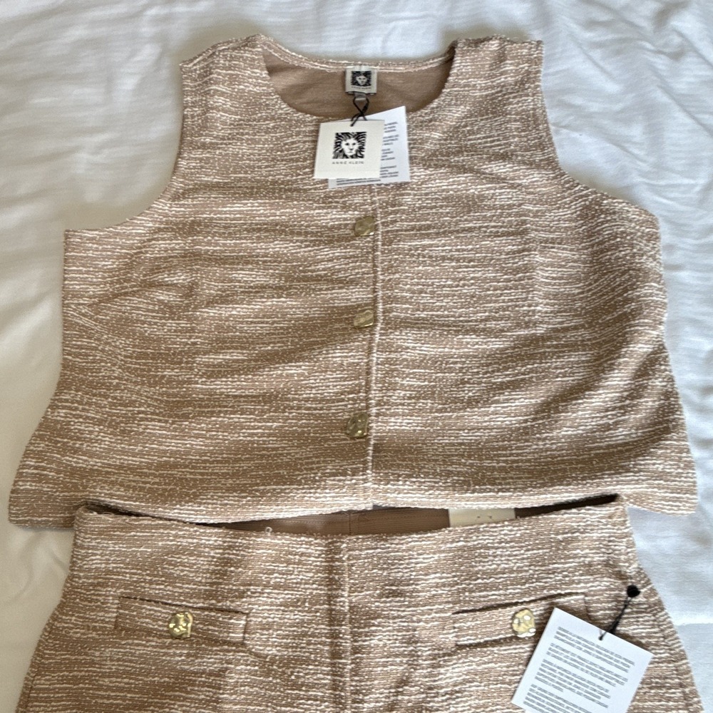 Anne Klein 2pc Beige/Gold Knit Top & Wide leg Pants Set Sleeveless L